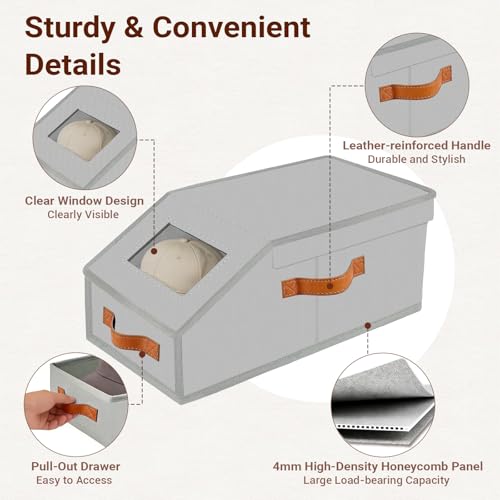 ZUIMENG Stackable Hat Storage for Baseball Caps, Drawer & Flip-Top Access Hat Organizer with Clear Window, Space-Saving Hat Box with 2 Handles for Closet, Shelves (Light Grey, 4PCS) by ZUIMENG - Image 4