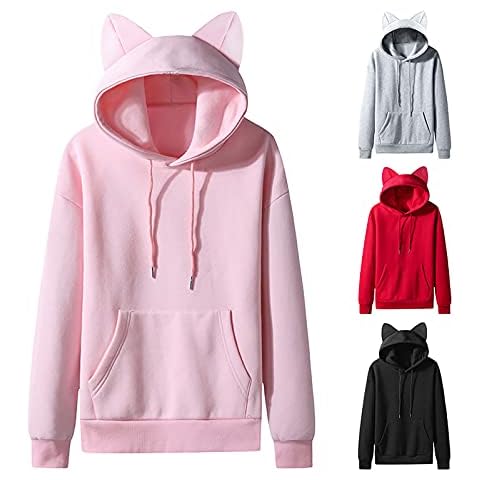 Frauherzz Men Hooded Fleece Sweatshirt Lovely Cat Ears Shape Hoodie Athletic Sweater Outdoor Loose Washable Pullover Blouse Breathable Cotton Long-sleeved for Halloween Thanksgiving Christmas Cover