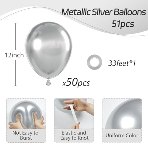 Image of Metallic Silver Balloons 12 inch, Silver Latex 50pcs Party Balloons | Graduation, Wedding, Baby Shower, Birthday Party Decorations