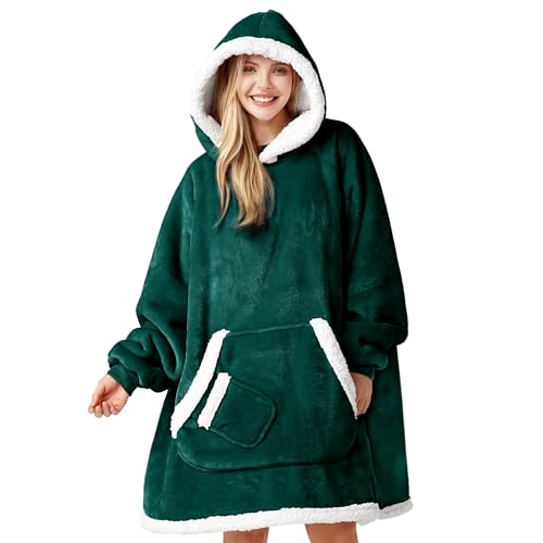 Giggling Getup Wearable Blanket Hoodie for Women Men Gifts for Women Mom Wife Sherpa Fleece Hooded Blanket Sweatshirt Cozy Sherpa Wearable Throw with Pocket & Sleeves for Adult Standard Forest Green