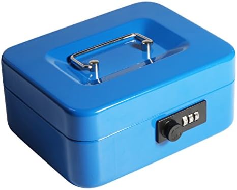 Decaller Cash Box with Combination Lock, Safe Metal Small Locking Box with Money Tray, 7 4/5" x 6 4/5" x 3 3/5", Blue, QH2005S