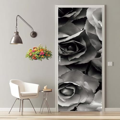 3D Rosa Vintage Vinilo para Puertas Autoadhesivo Impermeable Etiqueta de la Puerta Pegatina Mural Extraíble para Puertas Interiores para Cocina Sala de Baño Decorativos 77X200 cm -MT2329