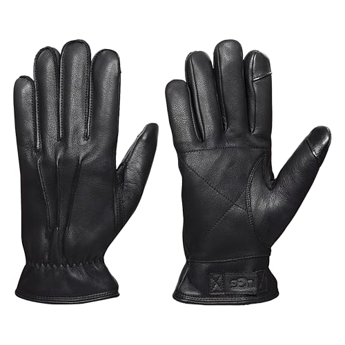 UGG Mens 3 Point Genuine Leather Gloves with Microfur Lining and Conductive Fingertips Black Large