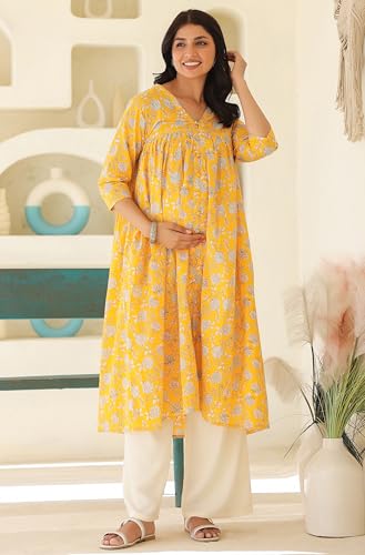 Image of Janasya Women's Pure Cotton Relaxed Fit A Line Floral Printed A-Line Maternity Kurta