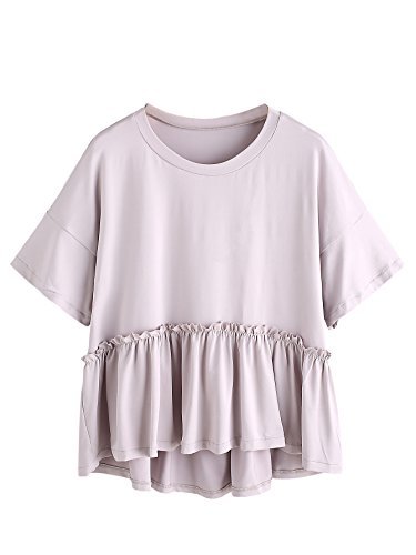 ROMWE Women's Loose Ruffle Hem Short Sleeve High Low Peplum Blouse Top Grey M