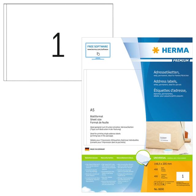 HERMA 8690 Universal Etiketten, 3200 Blatt, 148,5 x 205 mm, 1 pro A5 Bogen, 3200 Stück, selbstklebend, bedruckbar, matt, blanko Papier Klebeetiketten Aufkleber, weiß