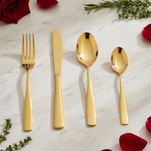 Image of 24 Pcs Gold Mirror Polish Stainless Steel Cutlery Set for Dining Table with Spoons and Forks Set + Butterknives - The Perfect Tableware /Flatware