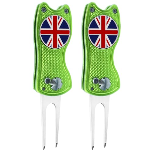FINGER TEN Golf Divot Repair Tool Switchblade with Ball Marker Value 2 Pack, Stainless Steel Pitchfork with Pop-up Button Magnetic Marker Foldable Portable Gifts (2 Pack in Green)