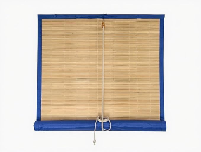 Image of Water Proof Bamboo Curtains for Balcony Roller Rollup Blinds, Bamboo Chick Curtain, for Rain, Sunlight, Dust & Cold Air Protection (Color-Blue,3ft x 8ft (W x H)