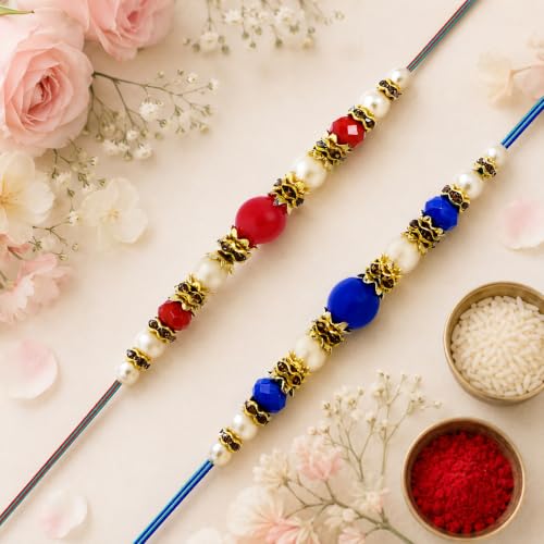 Image of Riddhika Ventures Lavish Pearl and Diamond Ring Bhaiya Bhabhi Rakhi (Set of 2) with Roli Chawal & Greeting Card | Raksha Bandhan Special