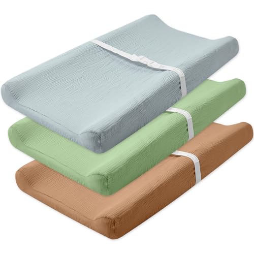 Image of SNOOZYNEST 3 Pack Muslin Changing Pad Cover, Solid Changing Table Pad Cover, Soft Breathable Double Layer Boho Changing Pad Sheets Fit for Standard Changing Pad 16" x 32" (Fog & Sage Green & Brown)