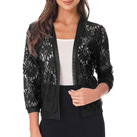 Oyolan Womens Lace Bolero Open Front Long Sleeve Floral Shrug Cardigan Sweater Black 4XL Cover