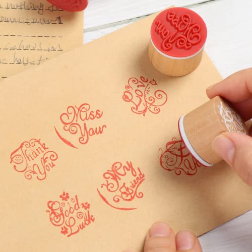 Image of Oytra Wooden Rubber Stamps Set of 6 Round Block Word Stamp for Bullet Journal Scrapbooking Card Making Sentiment Messages Kit Good Luck Miss You Thank You Love My Friend (Word Message Stamp Set)