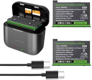Adicop Insta360 X3 Wodoodporna Bateria i Ladowarka do Insta360 ONE X3, 2 szt. Zestaw Baterii 1850 mAh Kompatybilny z Kamerą Insta 360 X3