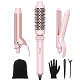 Wavytalk 3 in 1 Curling Wand Set, Multi Curl, Curling Iron Set with Heated Round Brush, Flat Iron Hair Straightener, 1 1/4 inch Curling Iron, Dual Voltage Hair Curler(Pink)