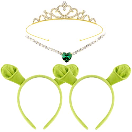 Yezmo 4PCS Green Ogre Ears Headband Set Ogress Costume Accessories with Monster Headbands Crown and Necklace Set for Halloween Cosplay Dress up Party (Green)