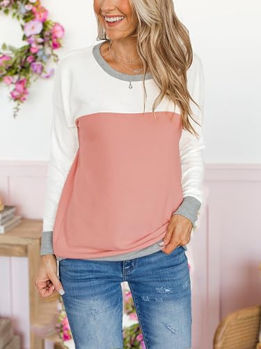 Women's Color Block Tunic Tops Casual Long Sleeve Shirts Round Neck Pullover
