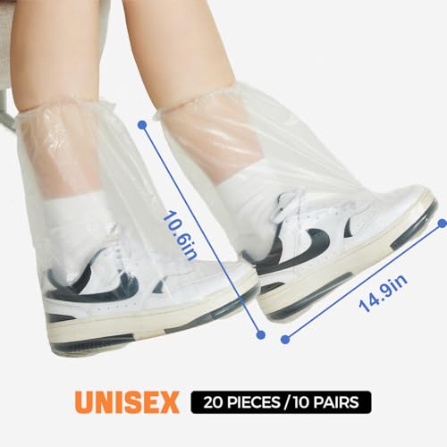 VRSHMB 20 Pcs Disposable Waterproof Shoe Covers for Rain, Clear Durable Non-Slip Plastic Rain Shoe Covers for Adults & Kids, Perfect for Water Parks, Travel and Outdoor Activities (Clear, adults)