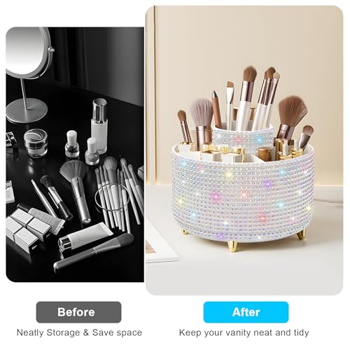 Image of Diesisa Bling Diamond 360 Makeup Brush Holder Organizer, Rotating Makeup Brush Organizer,5 Slot Make up Brushes Cup for Cosmetics, Vanity Desktop Organizer, Gift for Women Teen Girls- Diamond White