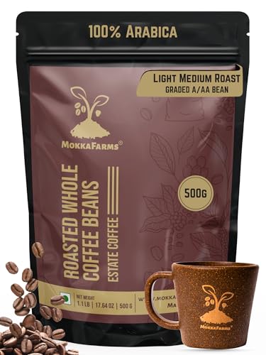 Image of MokkaFarms Premium Roasted Coffee Beans 500g | 100% Arabica | Light-Medium Roast | Fresh Estate Coffee | Graded A /AA Whole Beans | Strong Flavor & Aroma | Farm to Fork Quality | Resealable Zip Lock Bag