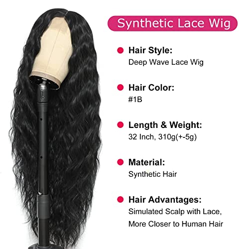 32" Long Curly Synthetic Wigs For Black Women Fake Scalp Wig Deep Wave Lace Front Wig Middle Part Natural Looking, Color 1B# #TOP2