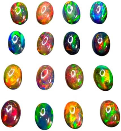 JAI GEMS 10 Pcs Natural Ethiopian Mined Black Opal Cabochon Ovals Gemstone-7x5mm Ovals, multi-color