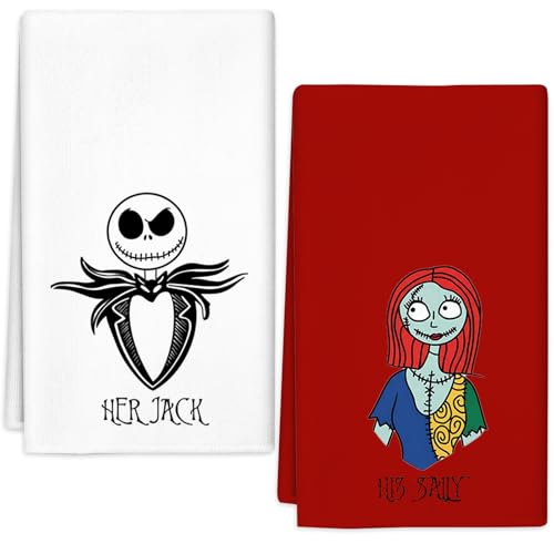 RUIZHUO Valentines Day Kitchen Towels Decorations 2 PCS Red Kitchen Towels with Nightmare Decorative Before Christmas Pattern 16x24 Inch Valentines Day Home Decor for Anniversary