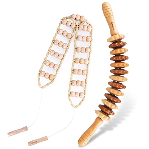 ONUEMP 2PCS Wood Therapy Massage Tools, Wooden Massage Roller Stick & Back Massager Roller Rope, Maderoterapia Kit Colombiana for Lymphatic Drainage, Anti Cellulite, Body Sculpting, Ease Deep Tissue