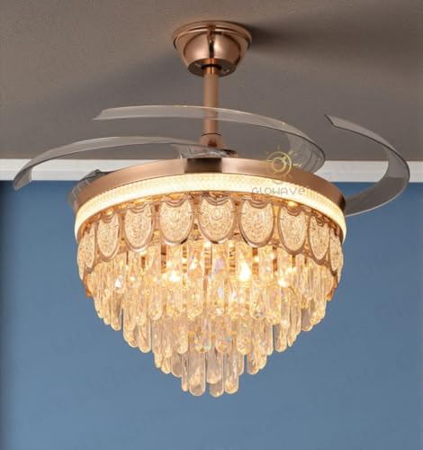 Image of Glowave 52 Inch Black Gold Crystal Chandelier Fan 3 Colors Light Speed Setting 6 Fan Blades Remote Control Ceiling Fan for Kitchen, Cafes, Hotels, Dining, Bar (FI 7680)