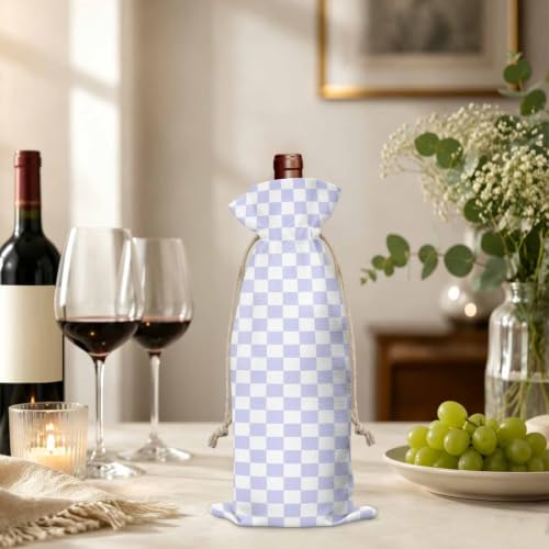 Rustic Purple Plaid Wine Bottle Bags 1Pcs, Farmhouse Vintage Grid Checkerboard Wine Bottle Cover with Drawstring Reusable Champagne Gift Bag for Party Wedding Holiday Birthdays Baby Shower Decor