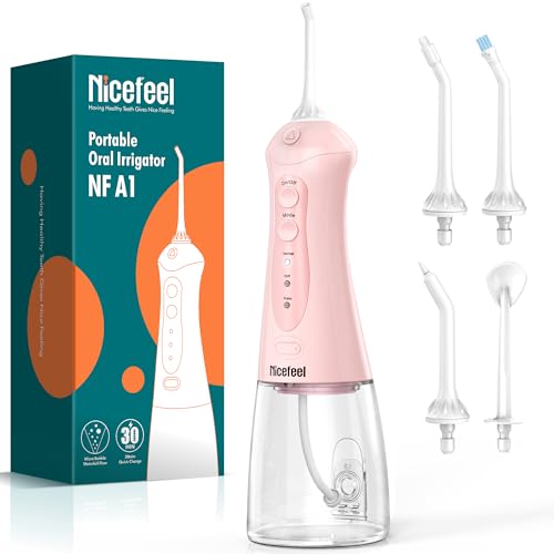 Nicefeel Water Flosser Portable Water Flosser Cordless for Teeth Orthodontic Braces Sensitive Gums 5 Jet Tips & 3 Modes Travel Oral Irrigator Rechargeable with 300ML Water Tank IPX7 Waterproof