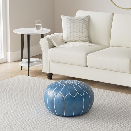Genuine Leather Round Pouf Cover - Handmade Moroccan Ottoman Footstool, Unstuffed Footrest Under Desk - Boho Decor - Bohemian Living Room, Bedroom, Kids Room - Housewarming Gift & Wedding - Thumbnail 2