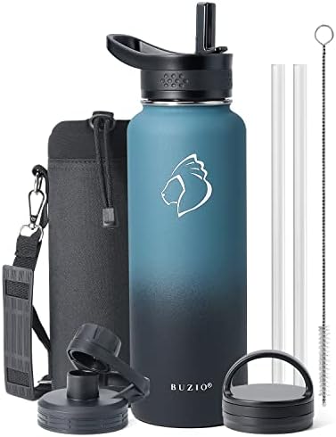 BUZIO 40oz Water Bottle, Stainless Steel Insulated Water Flask with Straw Lids, Canteen Metal Thermo Mug Hydro Cup Jug, Double Vacuum Hot Cold Water Bottles with Carrying Pouch, Indigo Black Gradient