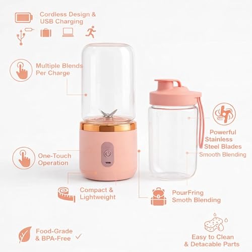 Image of ZENOVIA Portable Juicer Bottle, Pink | Dual Cup, USB Rechargeable Smoothie Maker, Leakproof Mini Juicer, For Travel, Gym & Kitchen