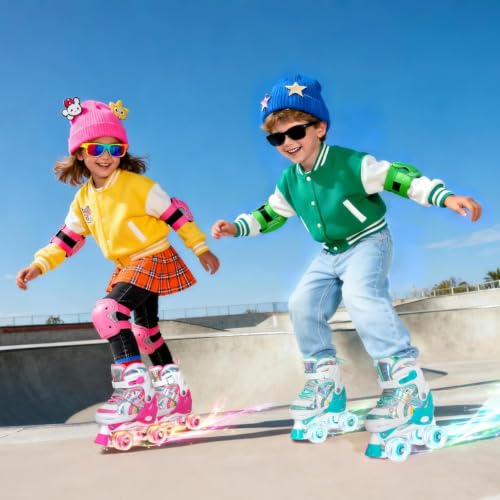 Image of Girls Rainbow Unicorn Roller Skates for Big Kids ages6-12 7 8 9 10, 4 Size Adjustable Quad Skates with All Light Up Wheels - Best Birthday Gift for Outdoor Sports - Teal