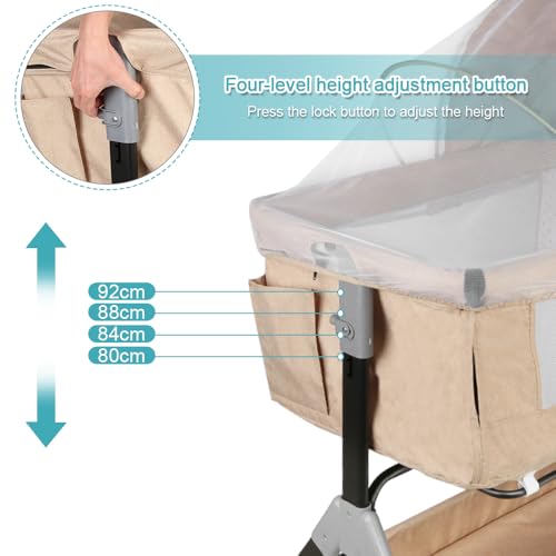 Miniatura 4 de Kedia - Cuna De Bebé Con Mosquitera, Cama Para Bebé Y Cama De Viaje Con Ruedas, Cunas De Ajuste De Altura, Cunas De Cododo 104 X 52 X 103 115 Cm , Color Beige Blanco