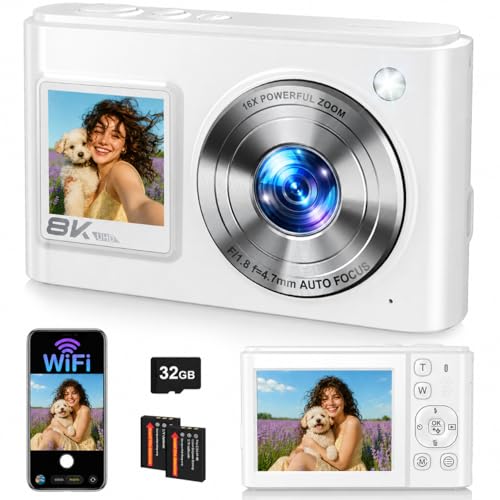 8K Digital Camera, 96MP WiFi Cameras for Photography with Dual Screen, 16X Zoom, Autofocus, Anti-Shake, Compact Travel Vlogging Point Shoot Camera for Teens, Beginners, 2 Batteries, 32GB Card (White)