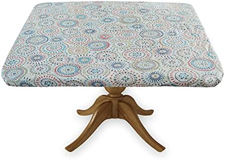 Covers For The Home Deluxe Elastic Edged Flannel Backed Vinyl Fitted Table Cover - Multi-Color Geometric Medallion Pattern - Square - Fits Tables up to 46" Square