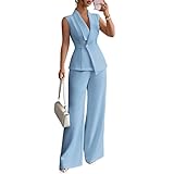 LCDIUDIU Conjunto Dos Piezas para Mujer, Elegante, Chaleco Cruzado Sin Mangas Con Cuello En V, Blazer Cintura Alta Y Pantalones Pierna Ancha. Conjunto Verano Elegante Ajustado para Ocasiones Formale