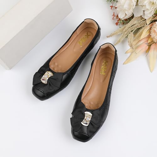 Unifizz Womens Ballet Flats Bling Rhinestone Square Toe Comfort Slip On Walk Work Loafers Bow Bridal Dress Shoes4
