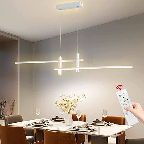 LED Lustre Salle À Manger Lampe à Suspension Dimmable avec Télécommandé Cuisine Table À Manger Plafond Luminaire Moderne Aluminium Design Plafonnier pour Bar Café Salon Chambre (L150cm, Blanc)