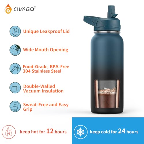 Image of CIVAGO 32 oz Insulated Stainless Steel Water Bottle With Straw and 3 Lids
