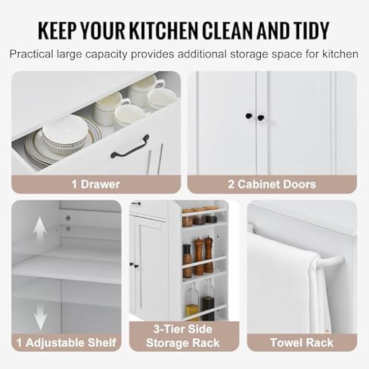 VEVOR Kitchen Island Cart, 32 Mobile Carts with Storage Cabinet, Rolling Table with Power Outlet, Spice Rack, Towel Bar, Adjustable Shelf, Drawer, Dining Living Room Portable Islands on Wheels, White