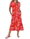 Zeagoo Women's Summer Casual Loose Dress Short Sleeve Aline Midi Dresses 2026 Layered Flowy T Shirt Dress Boho Petite Long Sundresses with Pockets Red Floral XL
