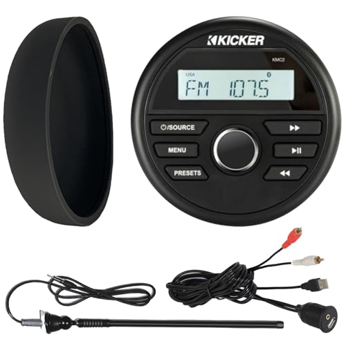 KICKER 46KMC2 Marine Bluetooth All-Weather AM/FM USB/AUX Gauge Style Media Center Receiver W/Black Cover Bundle Combo with USB/AUX 3.5MM Auxiliary Interface Adapter, Black Long Range Radio Antenna