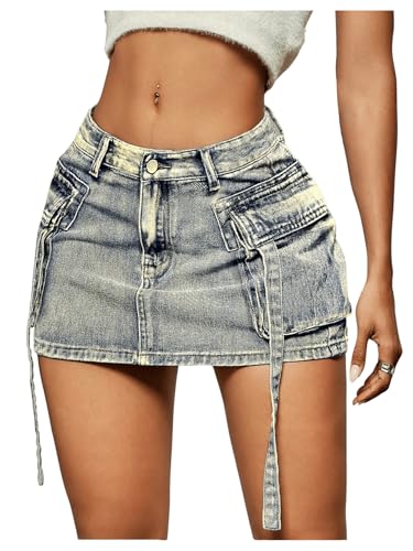 SOLY HUX Saia jeans feminina Bodycon Mini Saia cargo Y2k saia jeans skinny com bolsos, Azul liso, P
