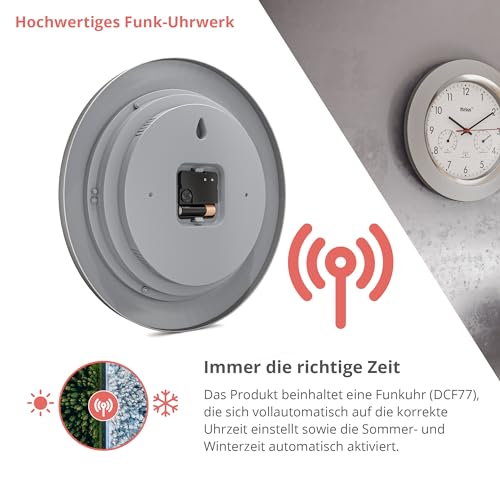 Mebus Radio-Controlled Wall Clock with Thermometer and Hygrometer/Silver Frame/White Dial/24 cm Diameter/Round/Model: 19454/Colour: Silver - Image 2