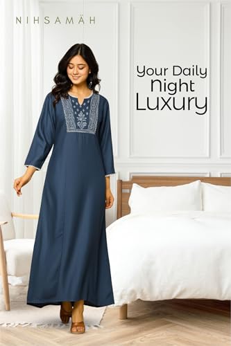 Image of NIHSAMAH Viscose Nighty for Women, Embroidered & Printed Stylish Night Gown, Long Sleeve Comfortable Sleepwear Long Nightwear, Maxi