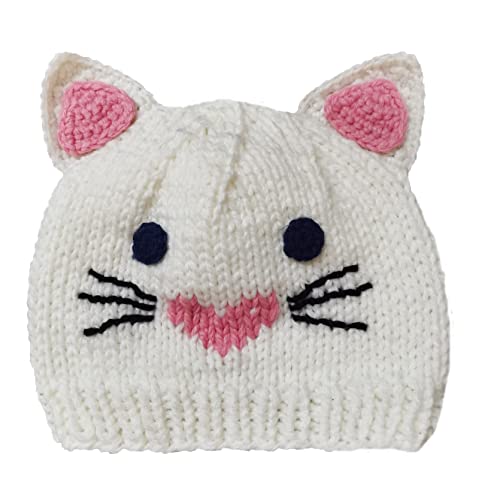 BIBITIME Cute Heart Cat Ears Beanie Hat Women Handmade Winter Warm Knitted Cap (Large, White)