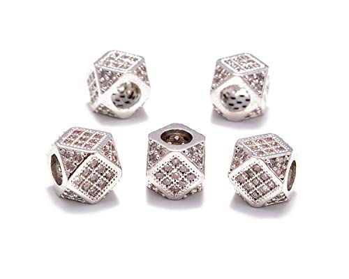 Zircon Pave Rhinestones Big hole (5 Pcs Clear on Silver Diamond Cut Cube Beads (7x7mm)